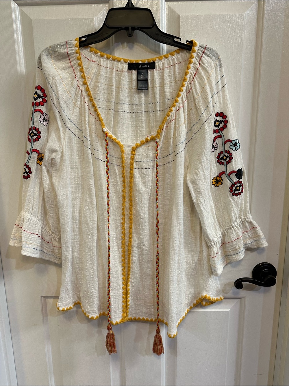 Ali Miles White Gauzy Peasant Tunic with Yellow Trim & Multicolor Embroidery